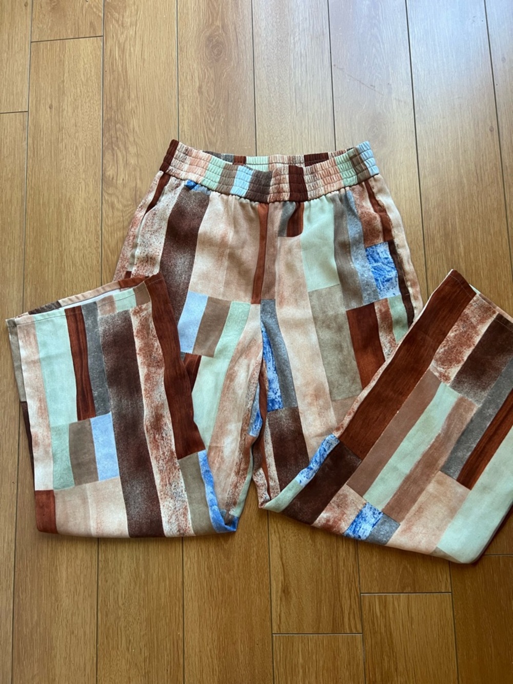 Striped Patchwork Wide-Leg Trousers - Brown & Blue